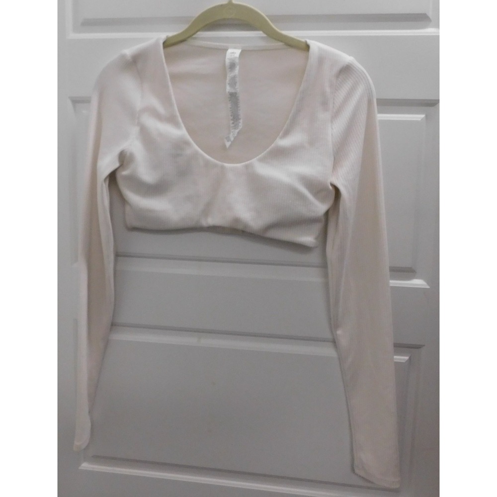 Alo Yoga White Cropped Long Sleeve Scoop Neck Ribbed Knit Top S
